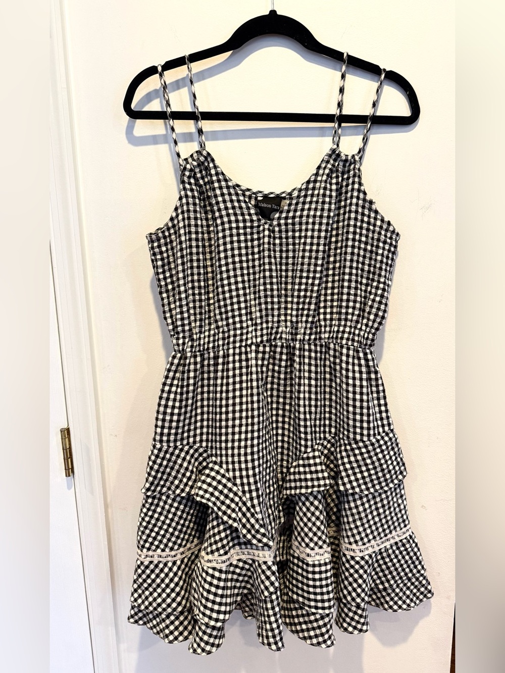 Maison Tara Black White Gingham Milkmaid Coquette Dress Midi Cottagecore Sz 14